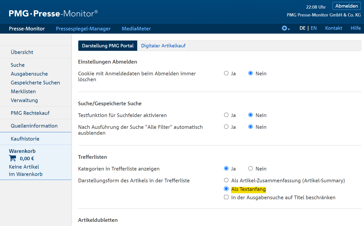 Artikeldarstellung ändern