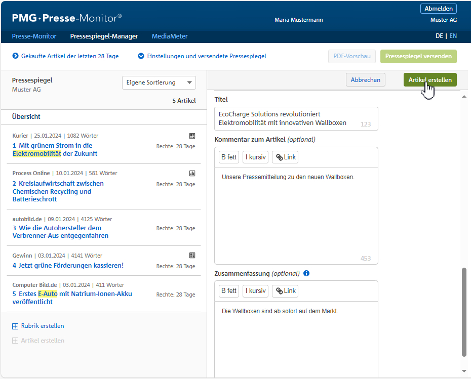 eigenen Artikel erstellen mit dem Pressespiegel-Manager