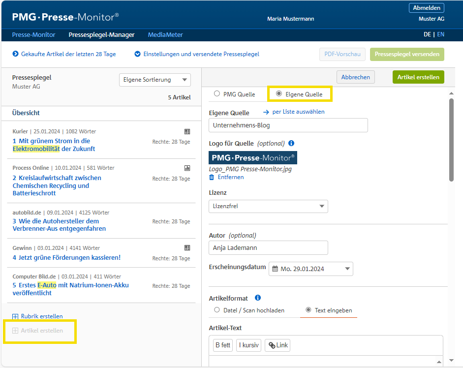 Artikel aus eigener Quelle neu erstellen 
