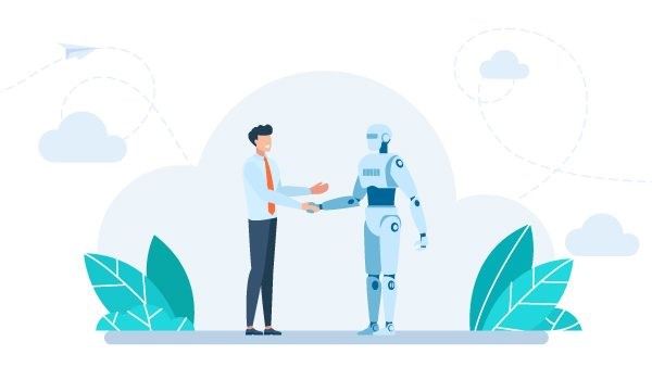 Illustration eines Menschen und eines Roboters, die sich die Hände geben. 