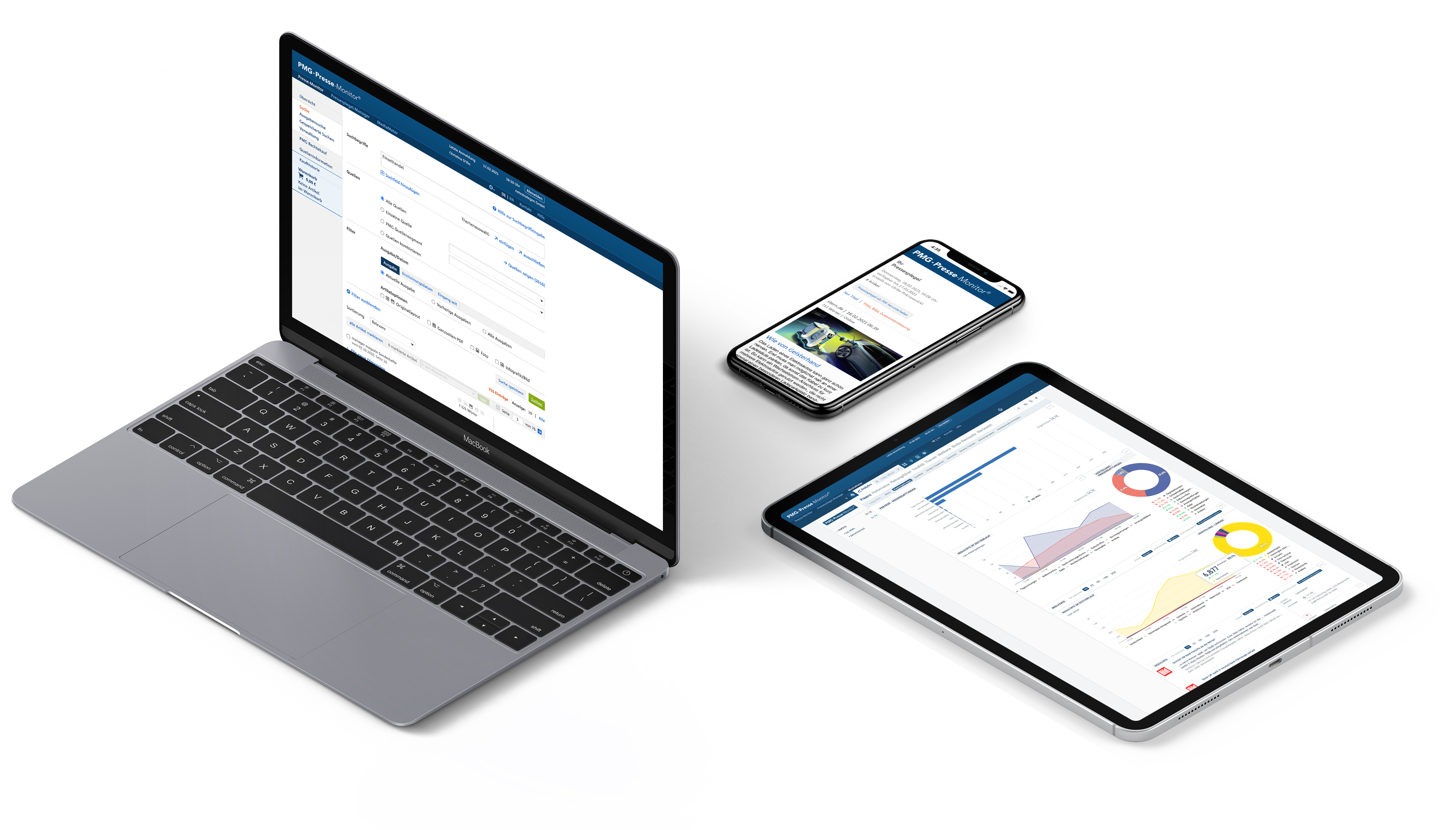 Presse-Monitor dargestellt auf Desktop, Tablet und Mobil