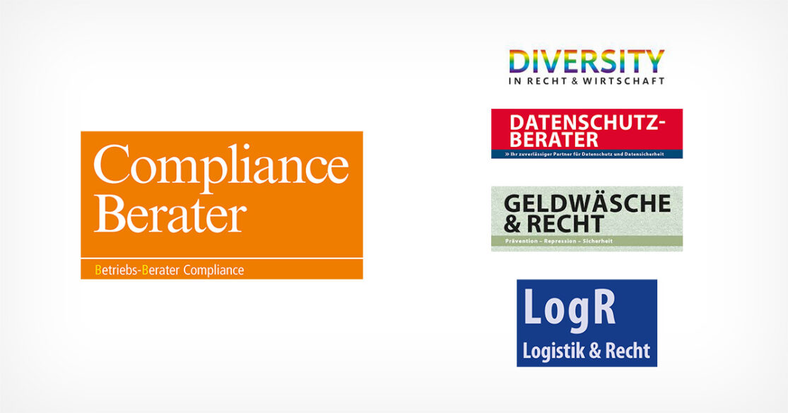 Logos der Titel Compliance Berater, Logistik & Recht, Datenschutz-Recht, Geldwäsche & Recht und Diversity in Recht & Wirtschaft