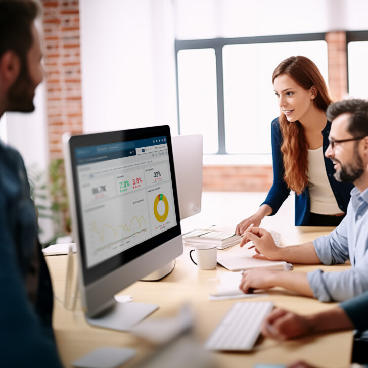 Team am Bildschirm betrachtet PMG Medienanalyse