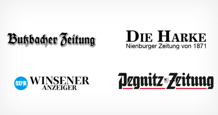 Logos von Winsener Anzeiger, Pegnitz-Zeitung, Butzbacher Zeitung und Die Harke