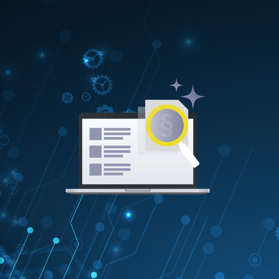 Symbolbild KI-Lizenz Pressespiegelerstellung: Laptop mit Lupe und Paragraf als Illustration