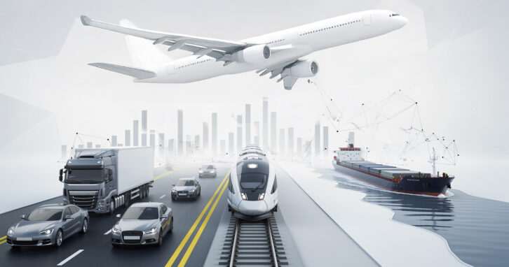 Darstellung verschiedener Verkehrsmittel: Flugzeug, Zug, Lkw, Autos und Frachtschiff