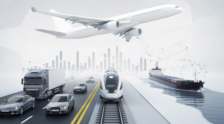 Darstellung verschiedener Verkehrsmittel: Flugzeug, Zug, Lkw, Autos und Frachtschiff