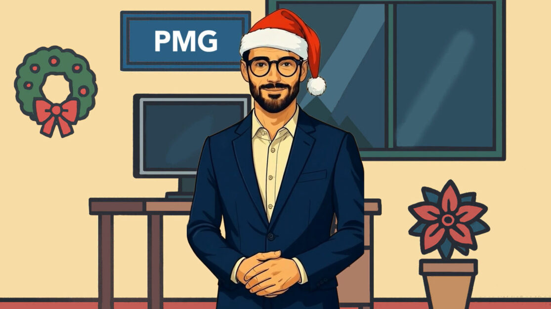 Gastgeber in weihnachtlicher Umgebung mit PMG-Logo
