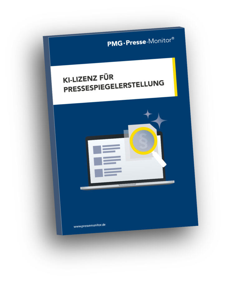 Whitepaper mit dem Titel „KI-Lizenz für Pressespiegel“ mit einer Grafik eines Laptops und einer Lupe auf dem Cover vor blauem Hintergrund.