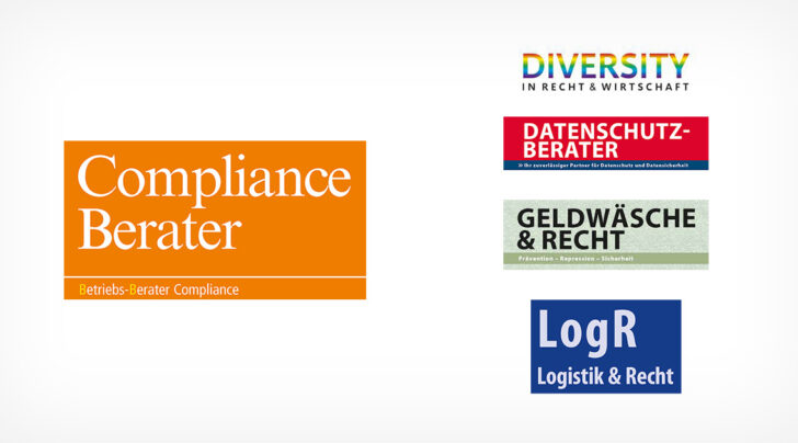 Logos der Titel Compliance Berater, Logistik & Recht, Datenschutz-Recht, Geldwäsche & Recht und Diversity in Recht & Wirtschaft