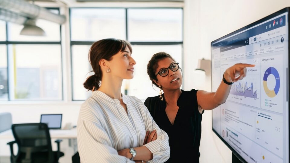 Symbolbild für Medienanalyse: zwei Frauen besprechen eine Analyse am Monitor