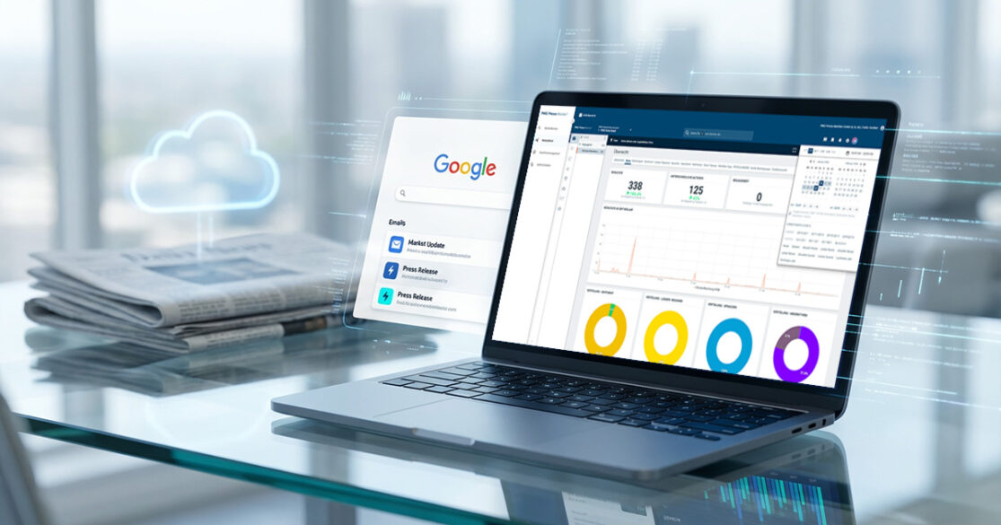Laptop mit Medienanalyse Tool und Google Alert